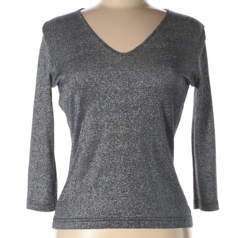 Un Deux Trois French Small Metallic Silver-Gray Shiny Knit Top Vneck Shirt